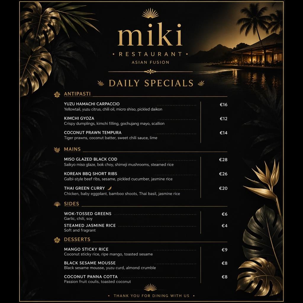 Menu karta A4 na výšku pro miki restaurant, tropický resort styl, černo-zlatá paleta, sekce jídel a sloupec cen.
