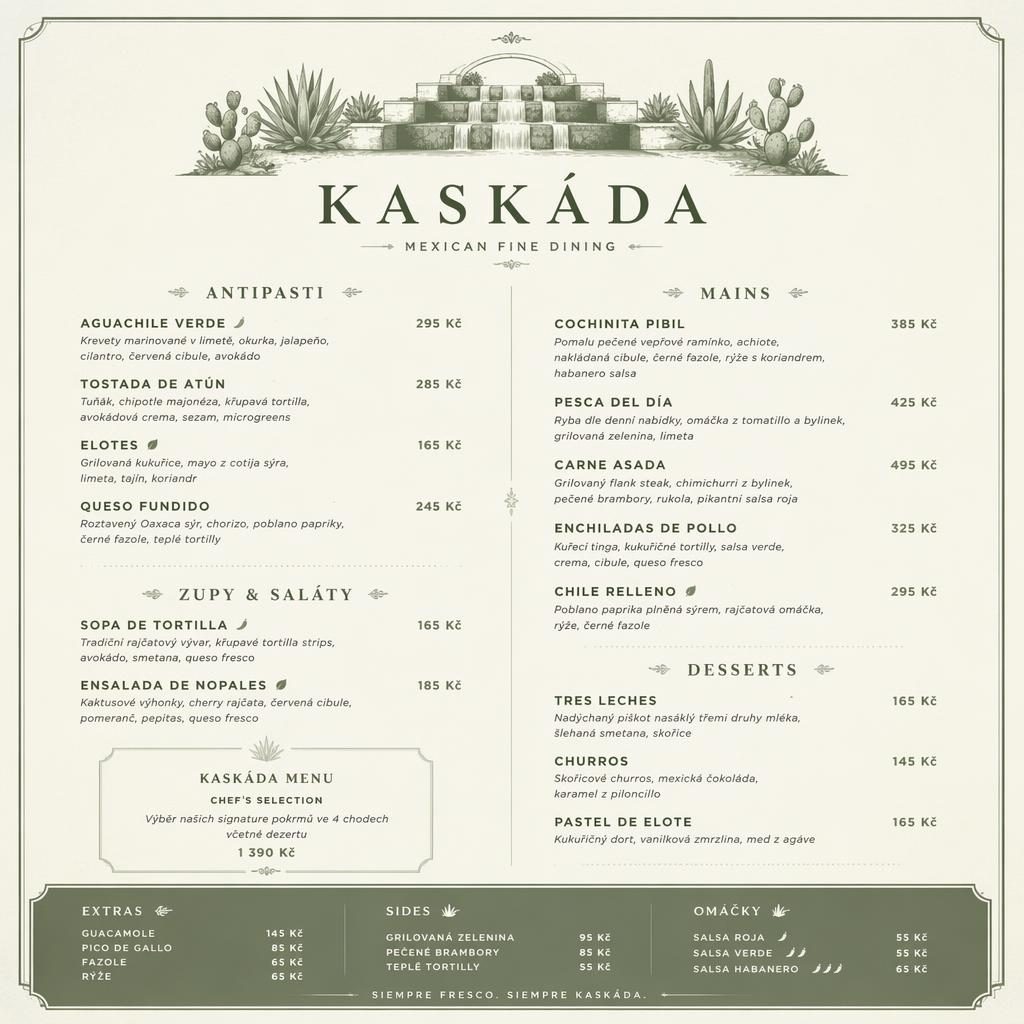 Tisková A4 karta s večerním kaskáda menu v luxusním mexickém stylu, v odstínech šalvějové a slonové kosti.