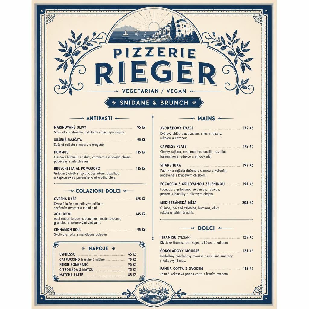 A4 menu karta pro pizzerie rieger ve vintage stylu 20. let, modro-krémová paleta, brunch sekce a ceny