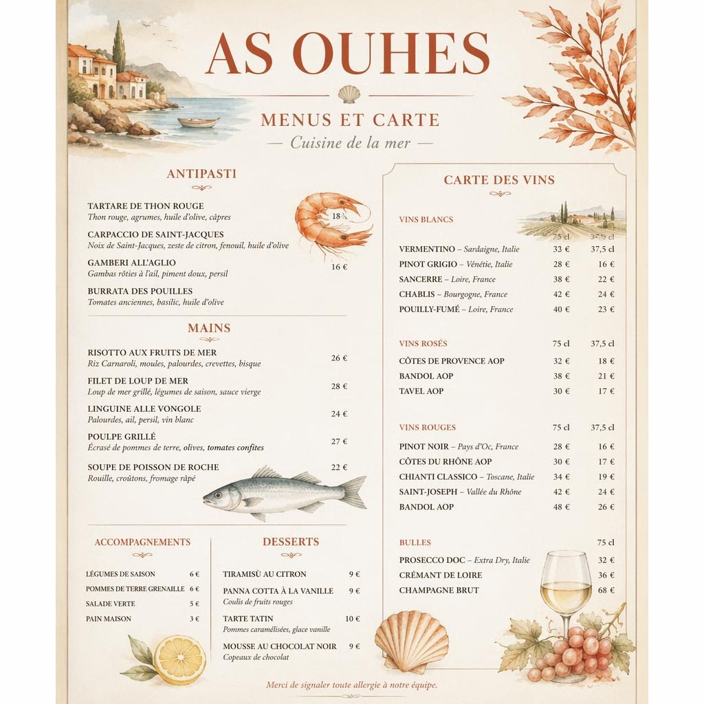 Carte des vins A4 en portrait, style aquarelle cosy crème et rouille, avec en-tête décoratif, rubriques et colonne de prix.
