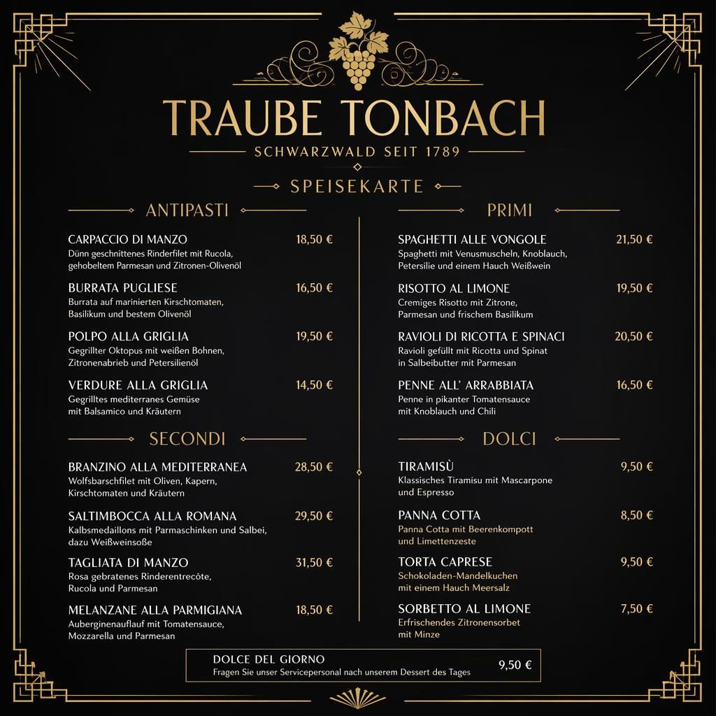 A4-Dessertkarte im Art-Déco-Stil in Schwarz und Gold mit dekorativem Header, Restaurantname, Platzhaltertext und Preisspalte