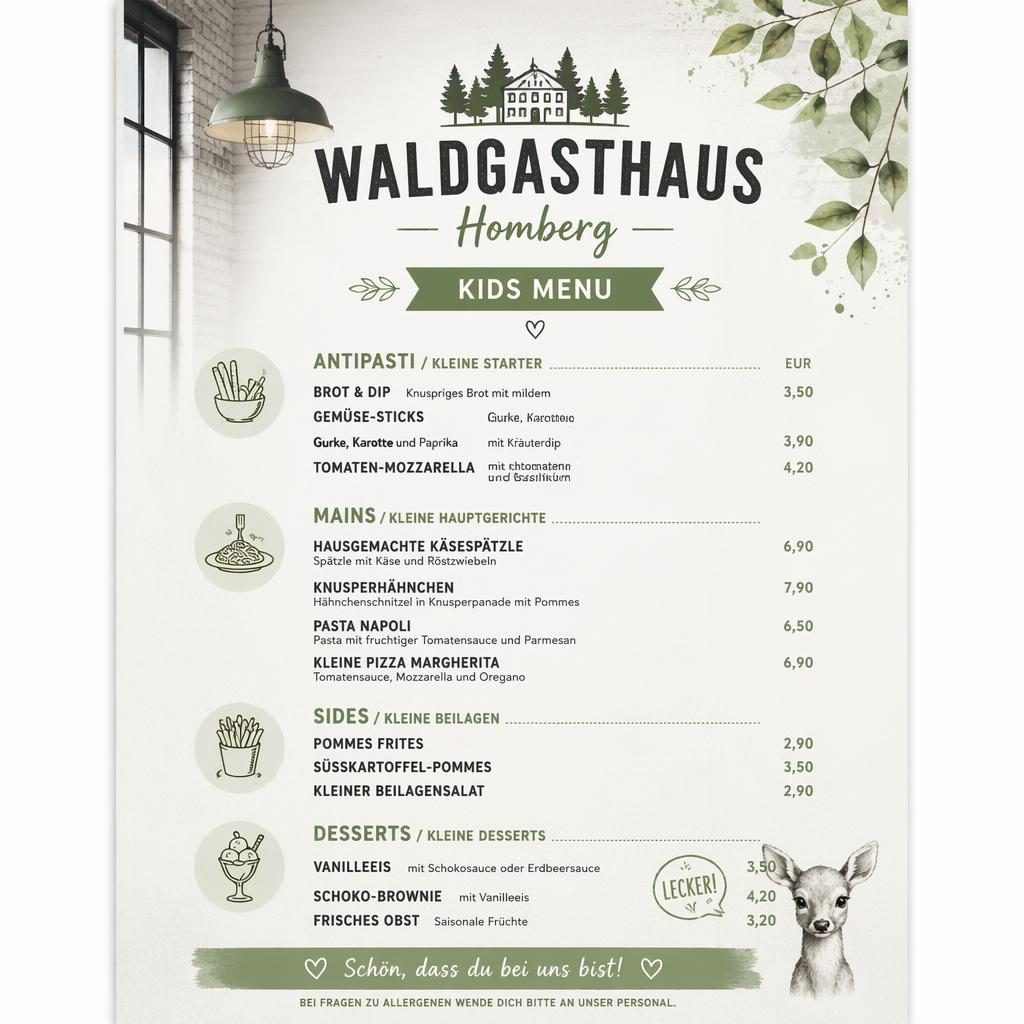 A4-Menükarte für Kinder von waldgasthaus homberg im Industrial-Loft-Stil mit Frühlingsfarben, Platzhaltertext und Preisspalte.