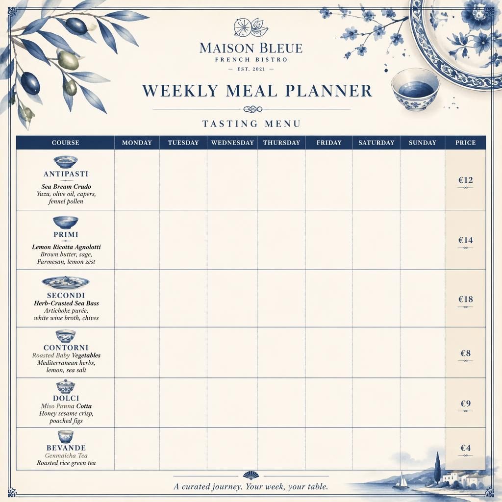 A4 portrait menu card layout for a fillable weekly meal planner in French bistro style with blue and cream palette.