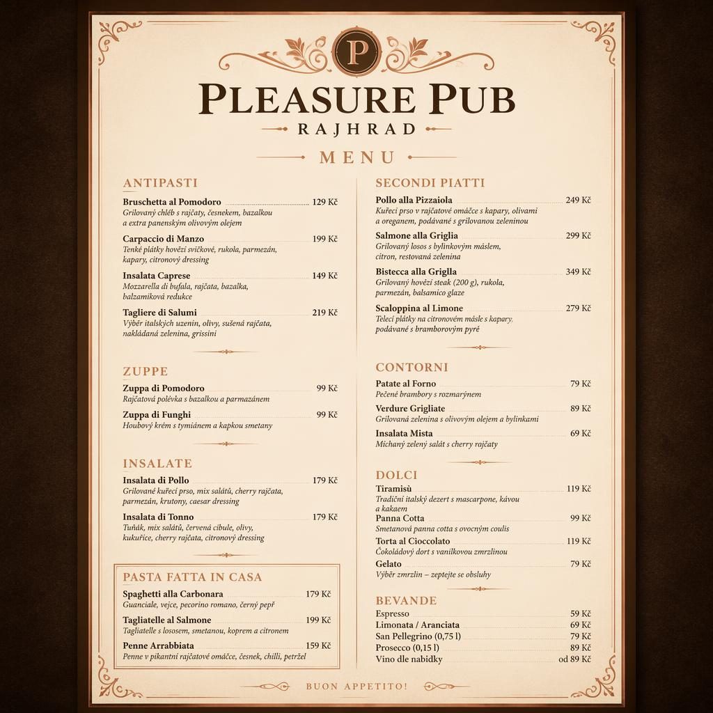 Tisková karta italského menu A4 na výšku, luxusní fine dining styl, teplá zemitá paleta, ceny a sekce.