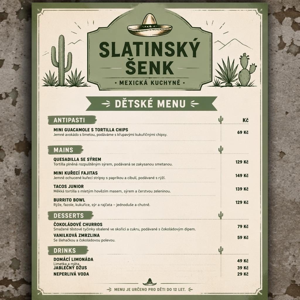 Tisková karta dětského mexického menu Slatinský šenk ve formátu A4, industriální loft styl, šalvějová a ivory paleta.