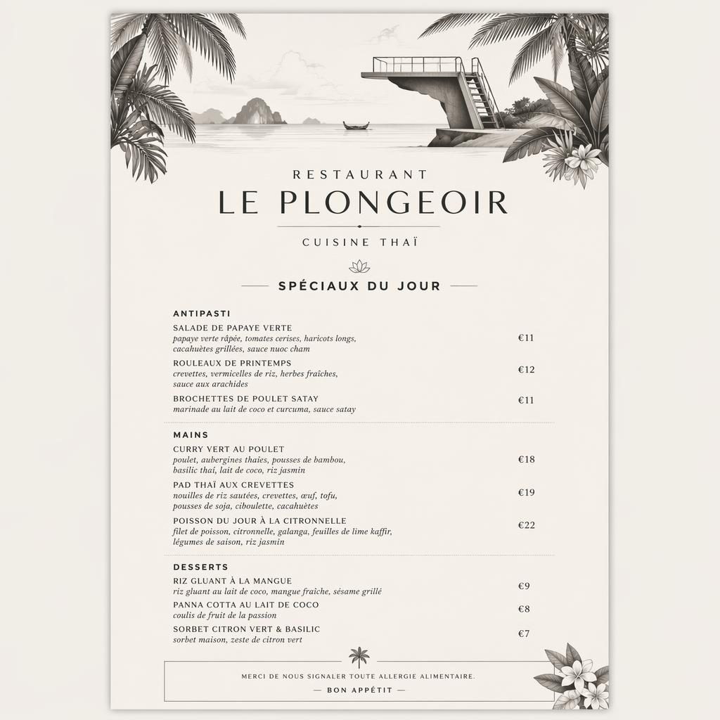 Carte de menu A4 en portrait pour restaurant le plongeoir, style resort tropical monochrome avec en-tête décoratif et prix.