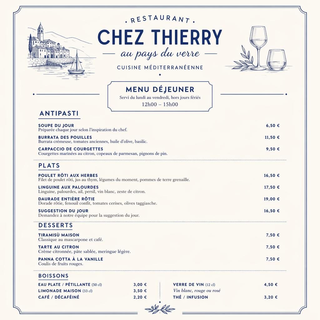 Carte de menu déjeuner A4 en portrait, style suisse minimaliste bleu méditerranéen et crème, avec rubriques, plats et prix.