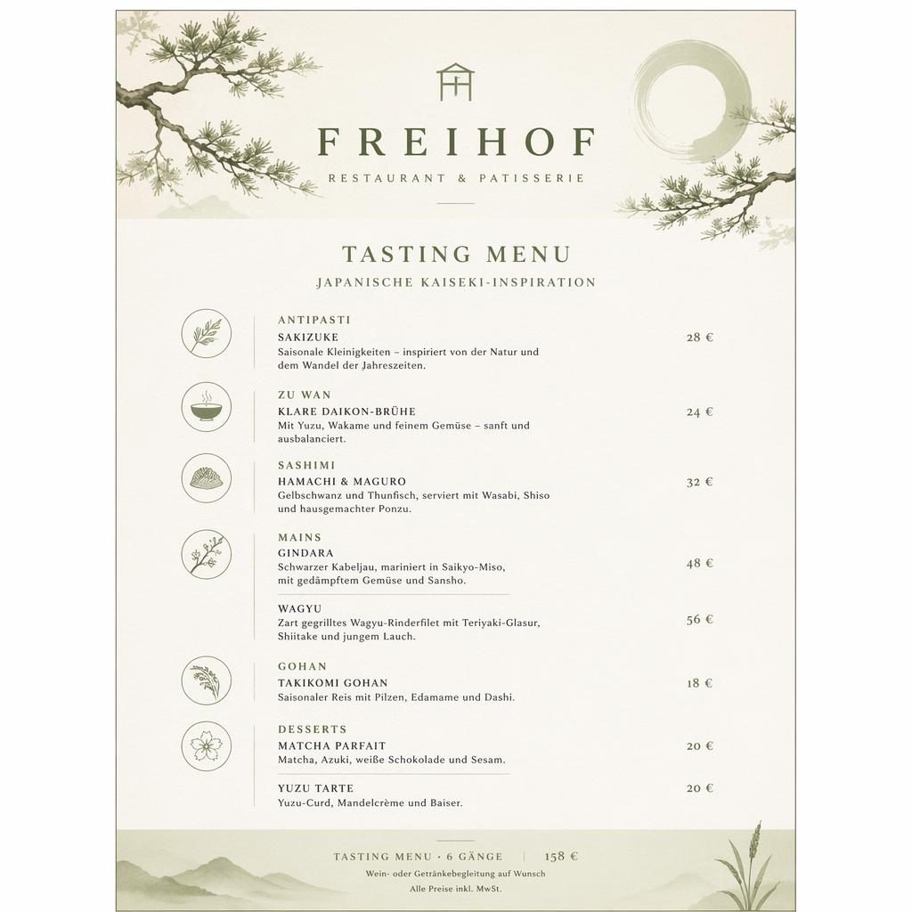 A4-Menükarte für restaurant freihof in Salbeigrün und Elfenbein, Kaiseki-Stil mit dekorativer Kopfzeile und Preisen.