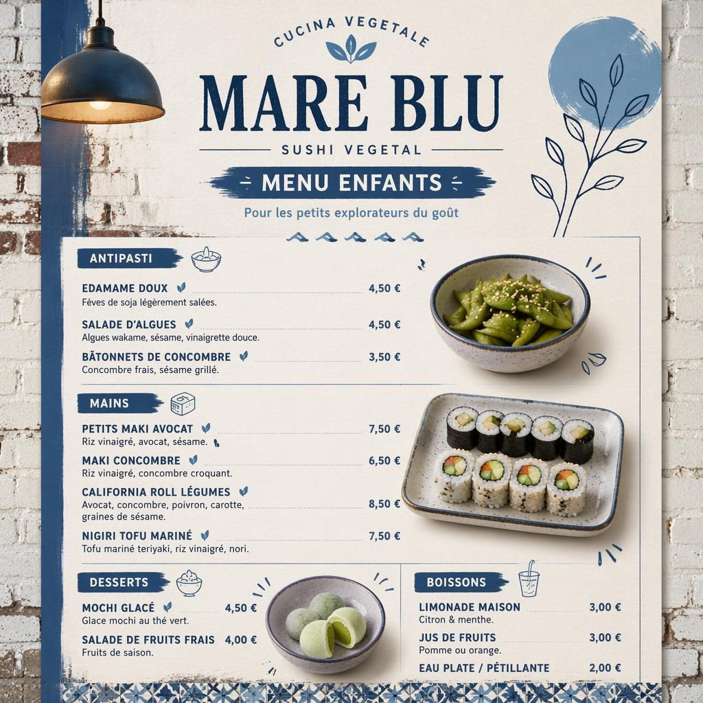 Carte de menu enfant sushi design menu vegan, format A4 portrait, palette bleu méditerranéen et crème, style loft industriel.