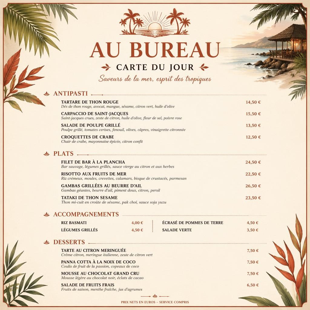 Carte menu A4 portrait fruits de mer, style resort tropical crème chaude et rouille, avec rubriques, plats, prix et en-tête décoratif.