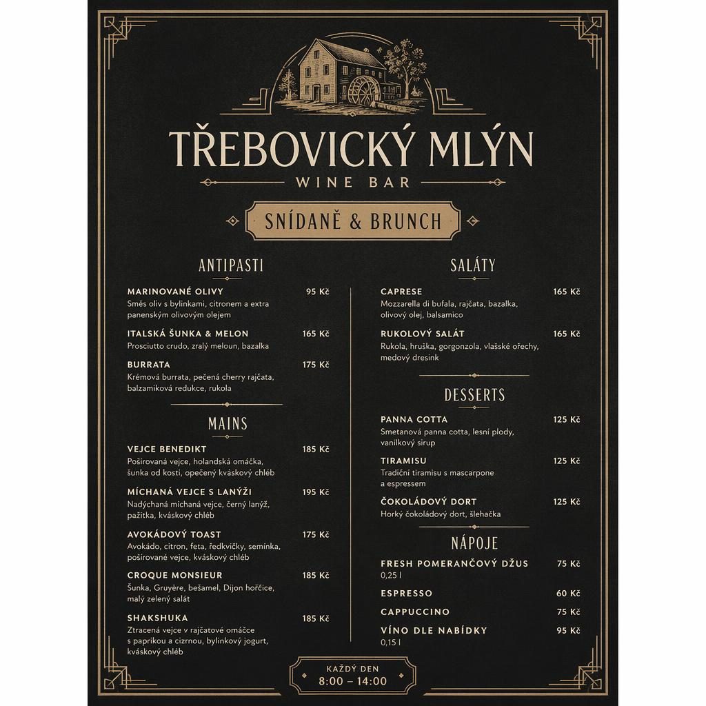 A4 menu karta ve vintage stylu 20. let, tmavá paleta, brunch sekce, dekorativní záhlaví a sloupec s cenami.