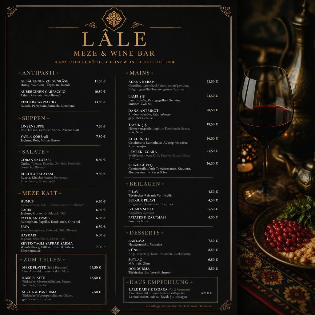 A4-Menükarte im Hochformat für türkische restaurants, dunkel und elegant mit dekorativer Kopfzeile, Rubriken und Preisen.