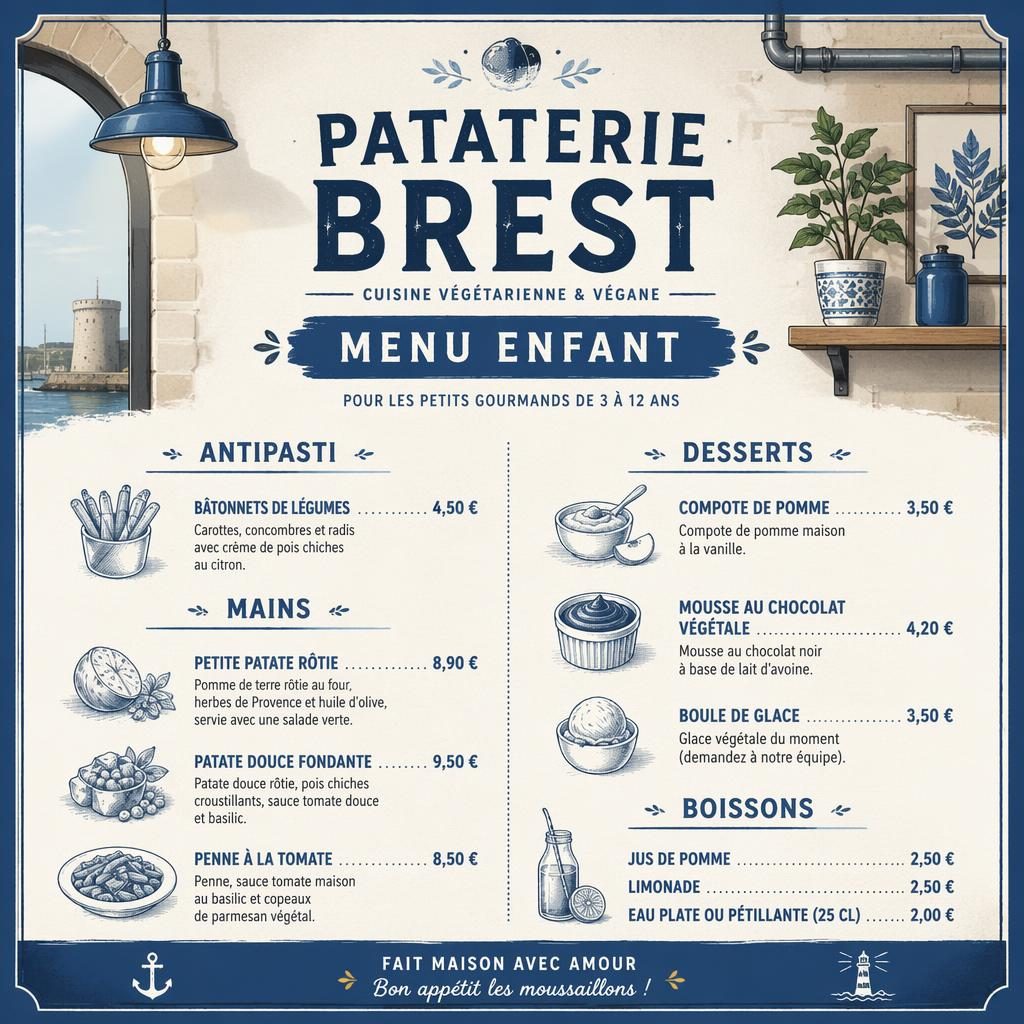 Carte de menu enfant A4 pour pataterie brest, style loft industriel bleu méditerranéen et crème, avec rubriques, plats et prix.