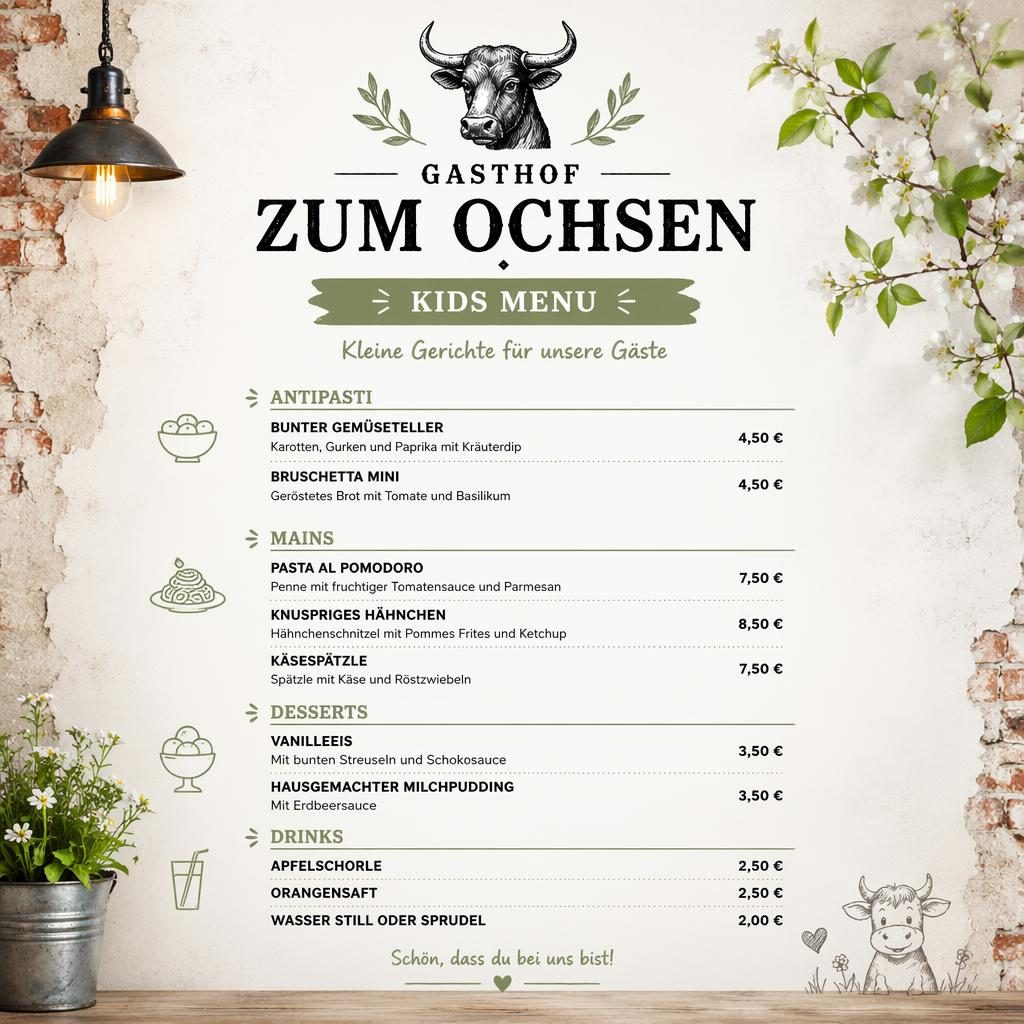 A4-Kinderkarte für Gasthof zum Ochsen im Industrial-Loft-Stil mit Frühlingsfarben, Platzhaltertext und Preisspalte.