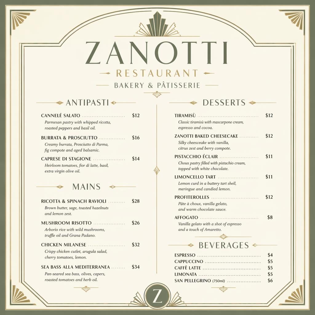 A4 portrait dessert menu card for Zanotti Restaurant in an art deco style with sage and ivory colors and price column.