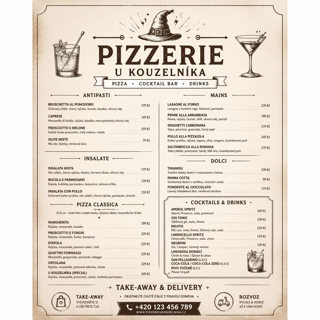 A4 menu karta pizzerie u kouzelníka na odnos, rustikální monochromatický design, sekce jídel, ceny a dekorativní záhlaví