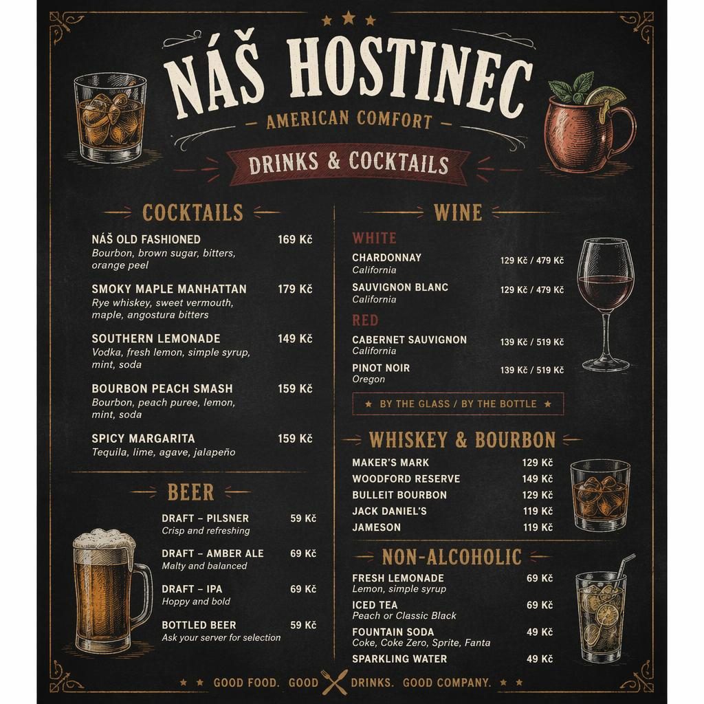 A4 koktejlový menu card pro náš hostinec, křídový kavárenský styl, teplé zemité tóny, dekorativní záhlaví a ceny.