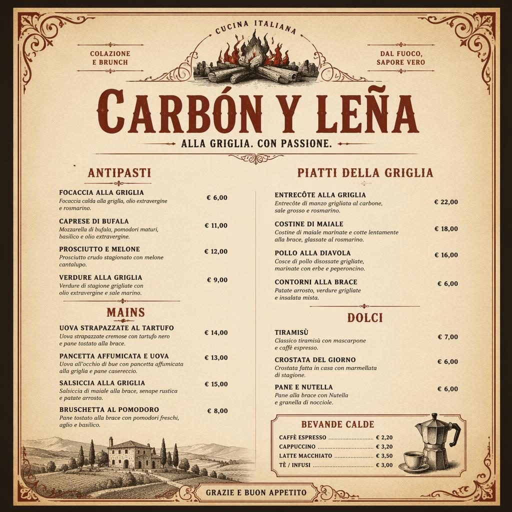 Tarjeta de menú italiana en formato A4 vertical, estilo años 20, tonos tierra cálidos, con secciones, precios y cabecera decorativa