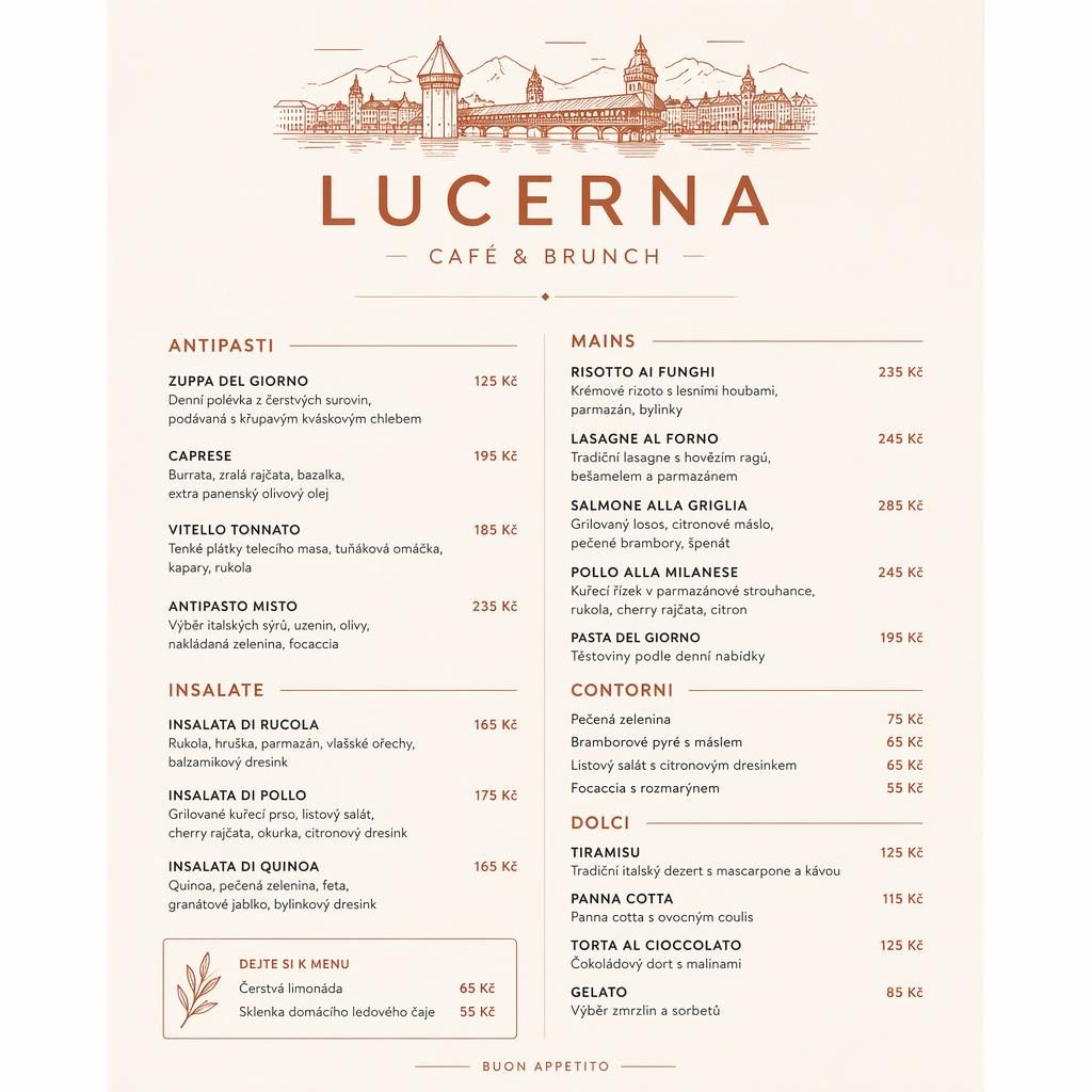 Minimalistická menu karta A4 na výšku pro lucerna menu v krémové a rezavé paletě s dekorativní hlavičkou a cenami.