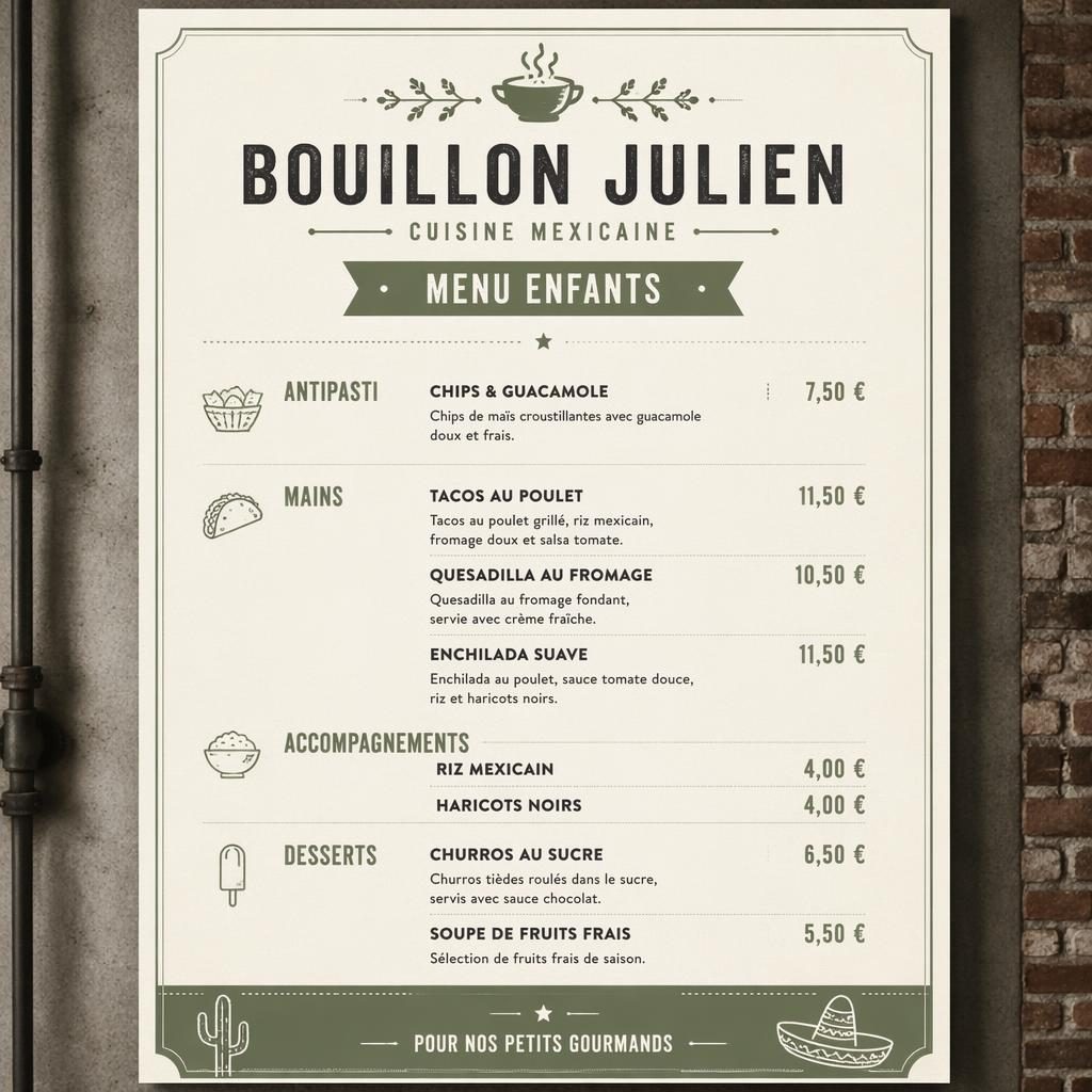 Carte de menu enfant mexicain A4 en style loft industriel, palette sauge et ivoire, avec en-tête décoratif et colonne de prix.