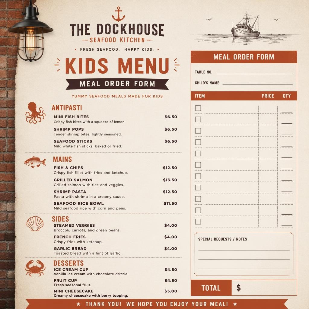 A4 portrait seafood kids menu card template with decorative header, section headings, placeholder dishes, and prices.