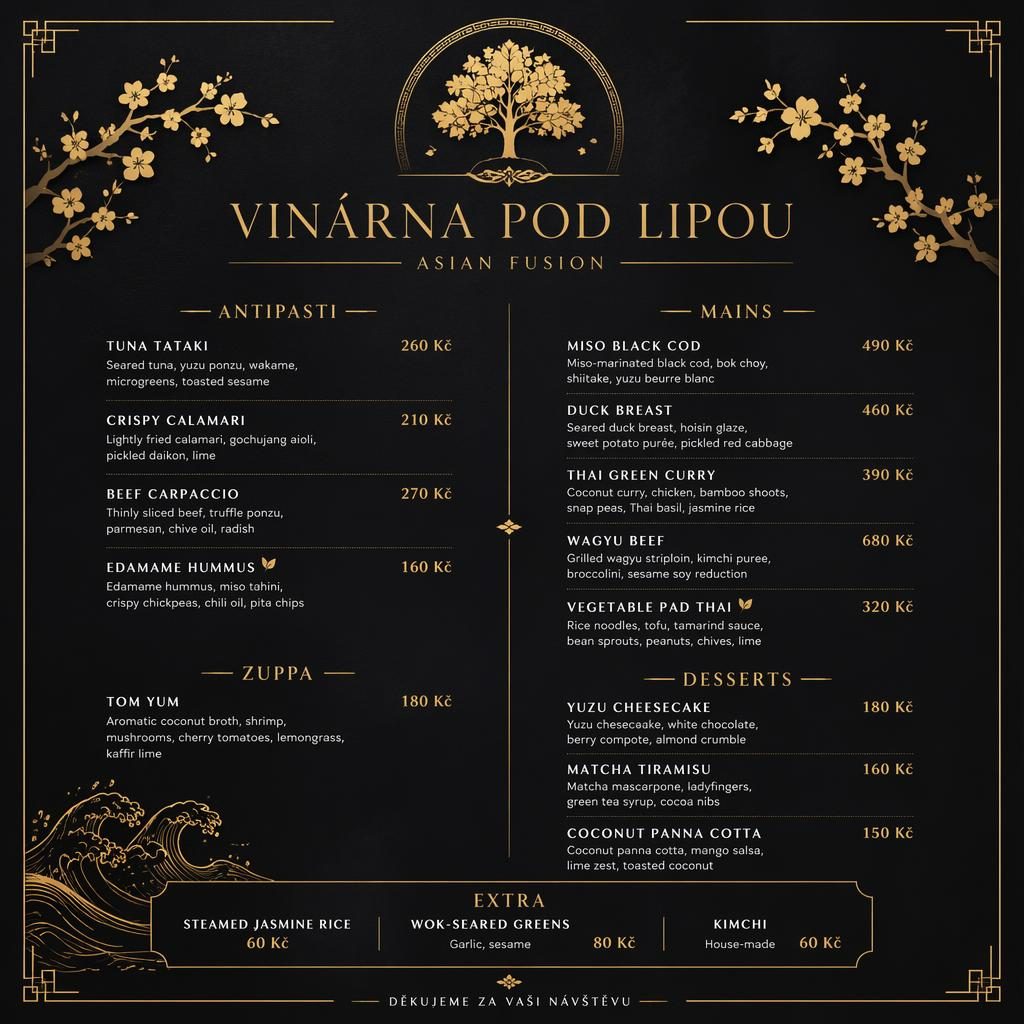 Luxusní jídelní lístek A4 na výšku v černo-zlaté paletě pro vinarna pod lipou s dekorativní hlavičkou a cenami.