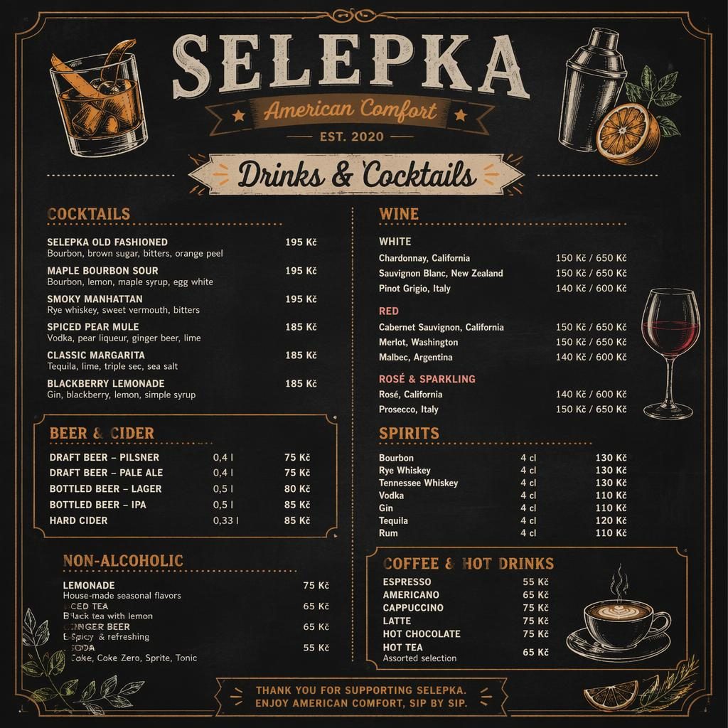 A4 koktejlový lístek selepka menu ve stylu tabulové kavárny, teplé zemité tóny, dekorativní hlavička a ceny