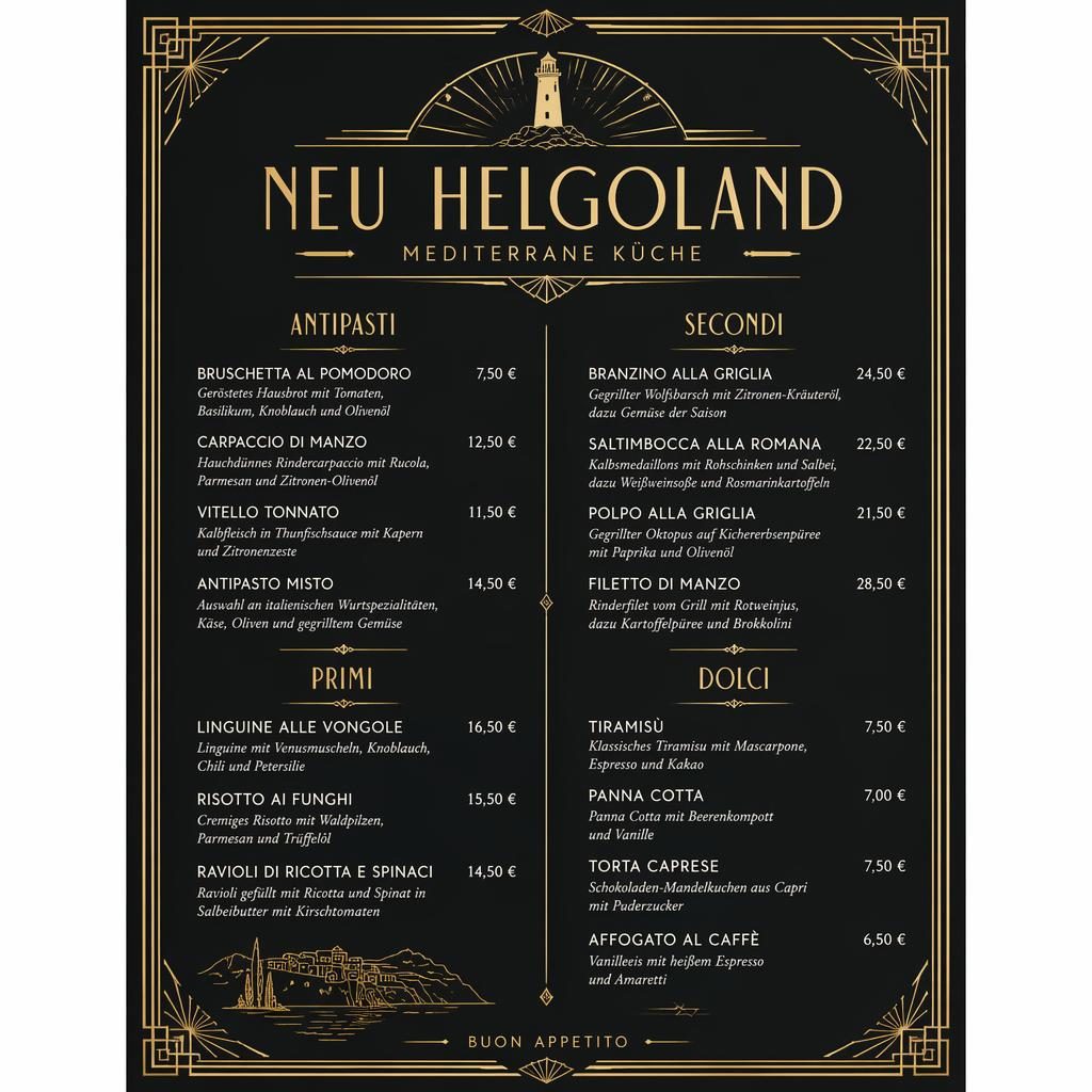 A4-Dessertkarte im Art-Déco-Stil in Schwarz und Gold mit dekorativem Header, Platzhaltertext und Preisspalte