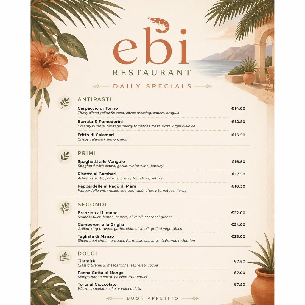 A4-Menükarte für ebi restaurant im italienischen Stil, Tropenlook, warme Erdtöne, Tagesgerichte mit Preisen