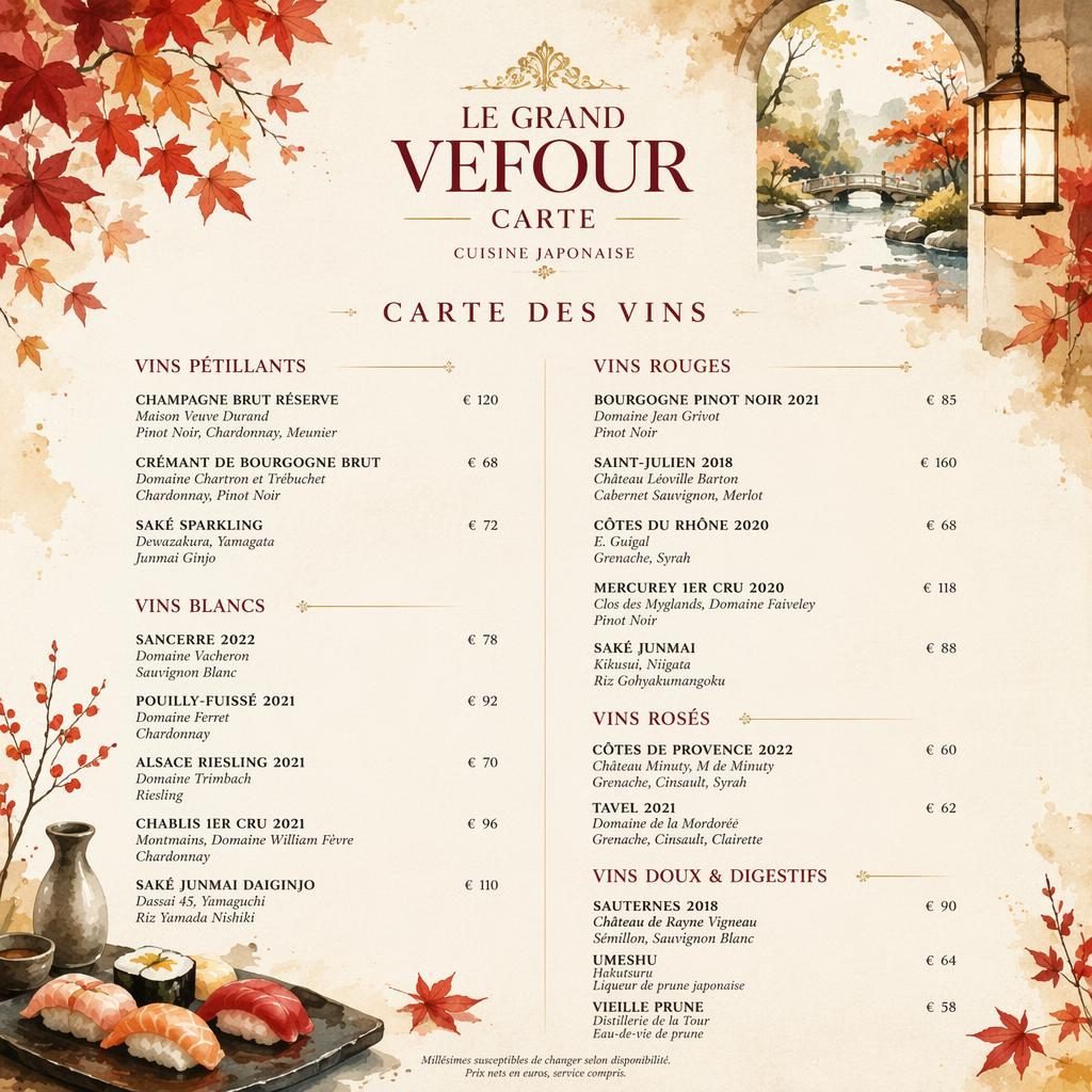 Carte des vins A4 en portrait, style aquarelle aux tons d’automne, avec en-tête décoratif, colonnes de prix et typographie.