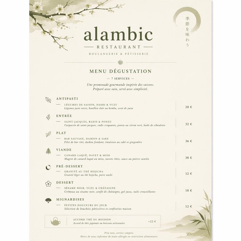 Carte de menu A4 portrait pour alambic restaurant, style kaiseki japonais, palette sauge et ivoire, en-tête décoratif.
