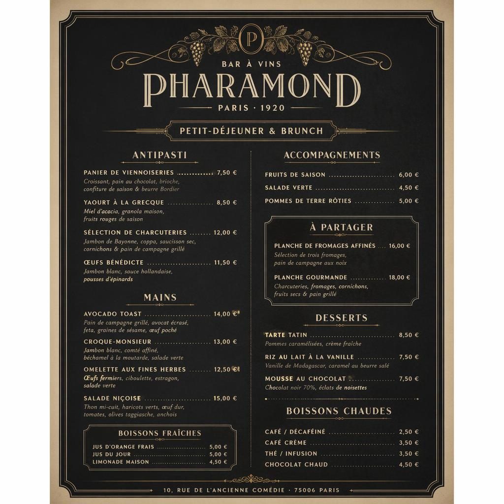 Carte de menu A4 portrait pour bar à vin, style années 1920 sombre, en-tête décoratif, rubriques et colonne de prix.