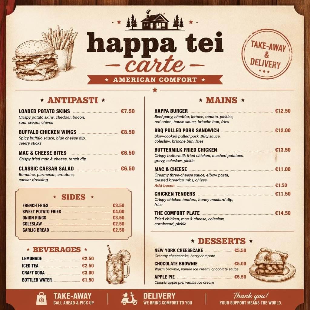 Carte de menu A4 portrait happa tei carte, style rustique chaud, rubriques, plats, descriptions et colonne de prix.