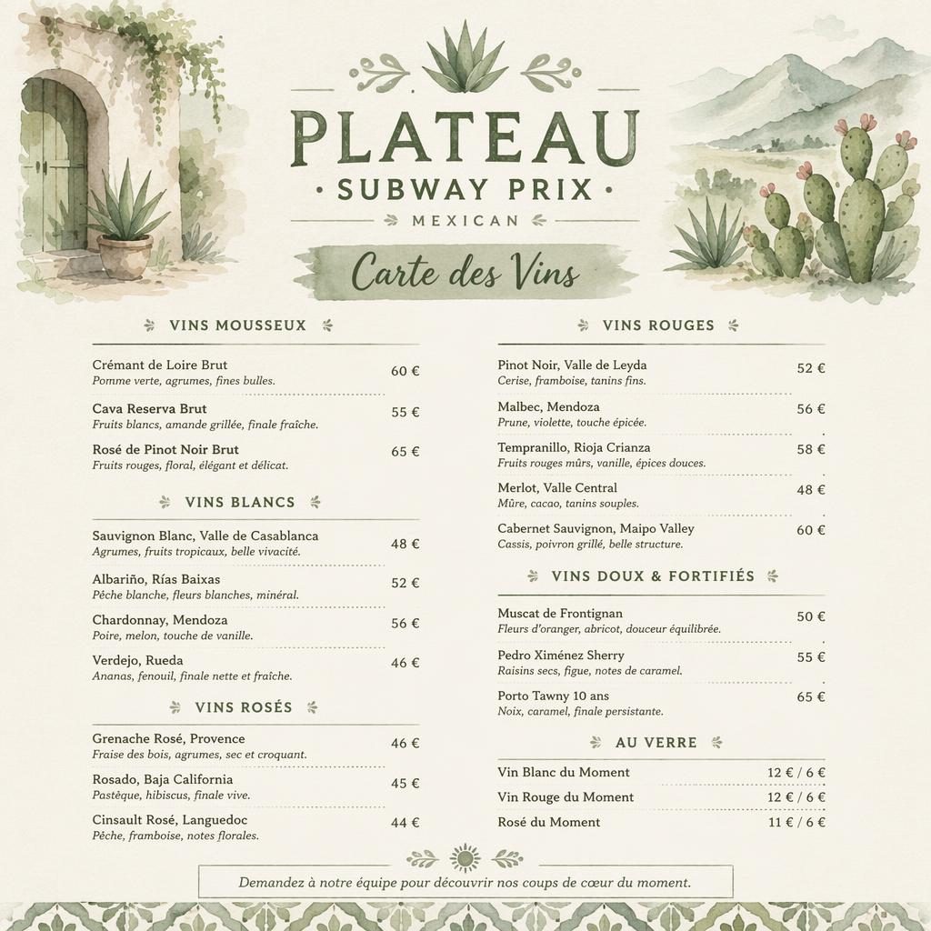 Carte des vins mexicaine au format A4 portrait, style aquarelle cosy vert sauge et ivoire, avec en-tête décoratif et colonne de prix.