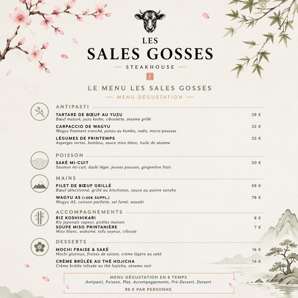 Carte de menu A4 portrait pour les sales gosses, style kaiseki japonais, palette printanière, rubriques et prix.