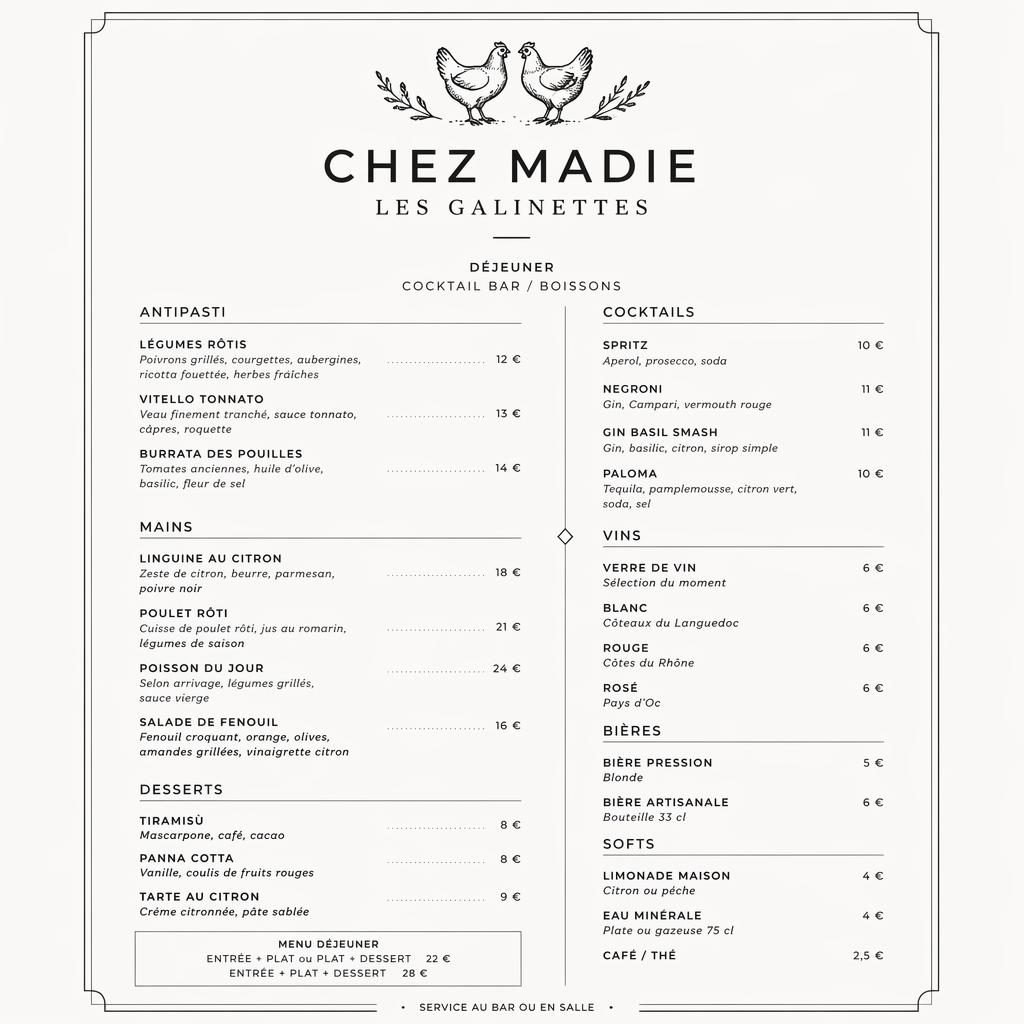 Carte de menu A4 en portrait, style suisse minimal monochrome, avec en-tête décoratif, sections et colonne de prix.