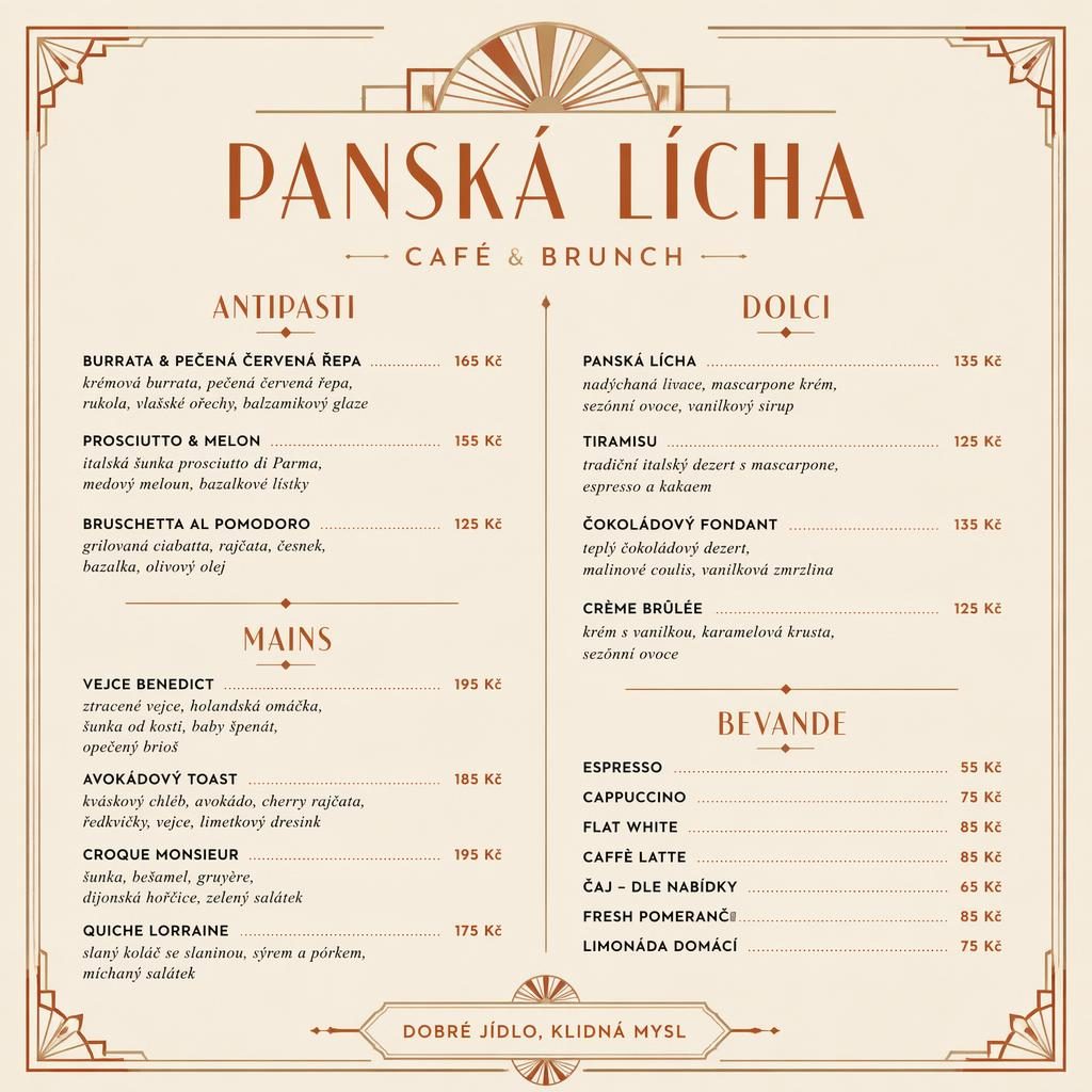A4 dezertní menu karta ve stylu art deco v teplé krémové a rezavé paletě s dekorativní hlavičkou a cenami.