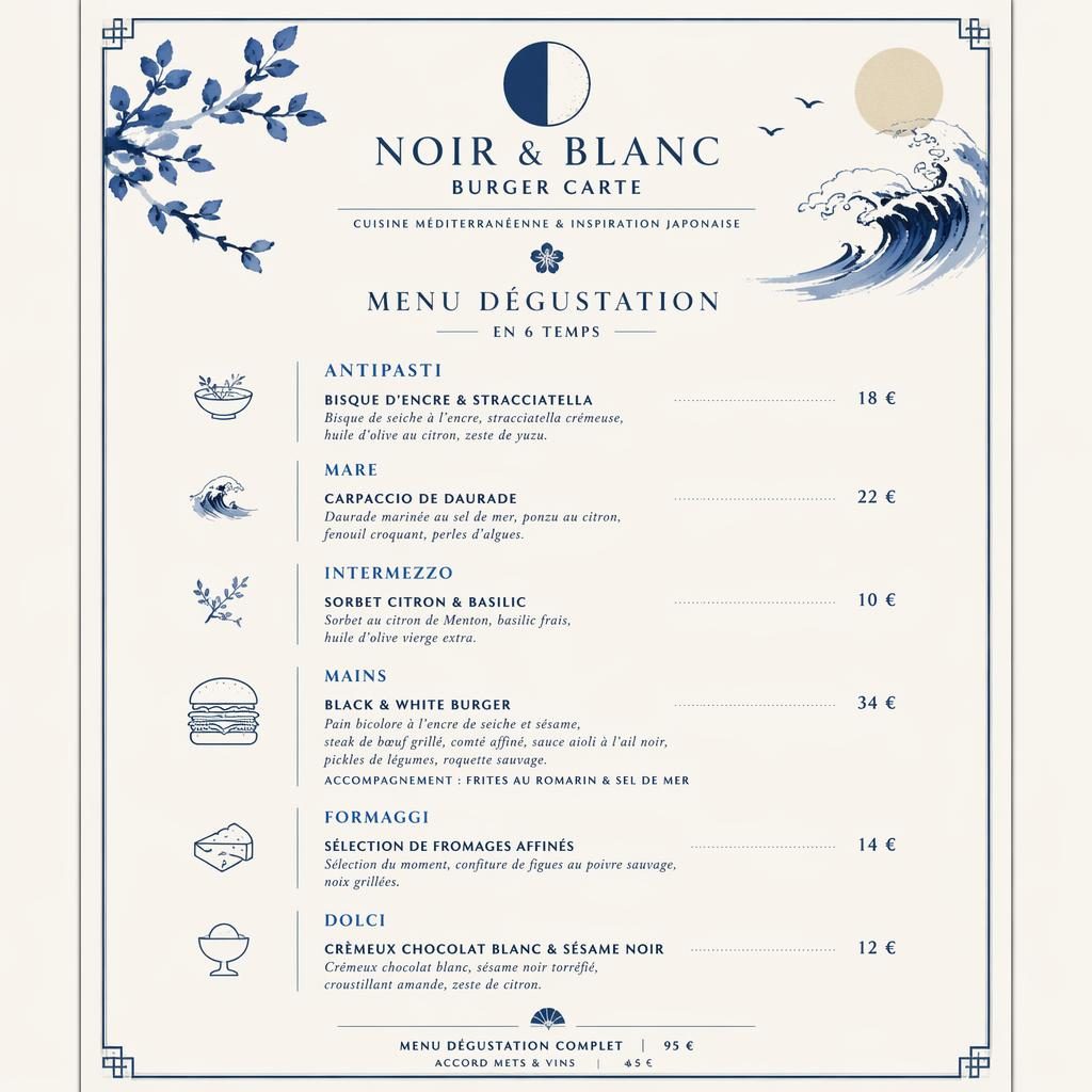 Carte de menu A4 portrait pour bistrot français, palette bleu méditerranéen et crème, style kaiseki japonais.