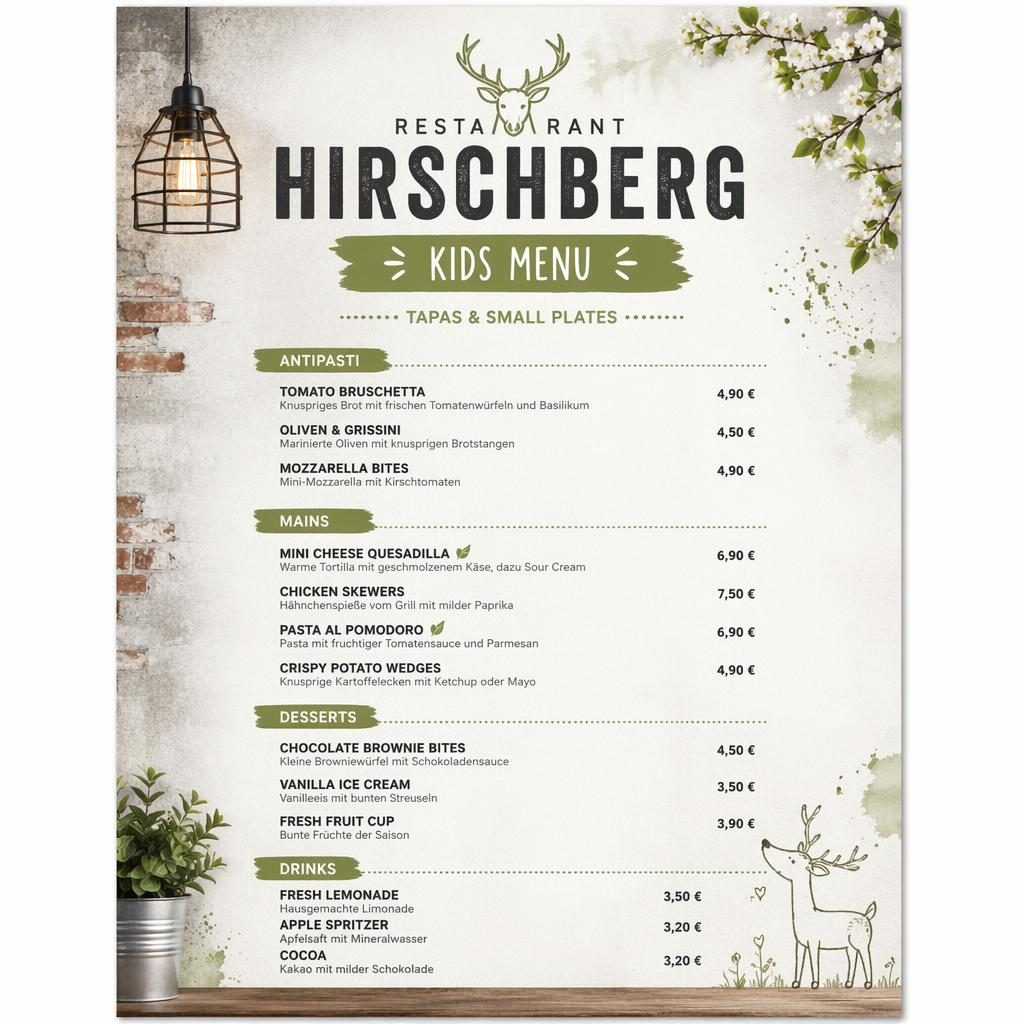 A4-Kinderkarte für Restaurant Hirschberg im Industrial-Loft-Stil mit Frühlingsfarben, Rubriken, Platzhaltergerichten und Preisspalte.