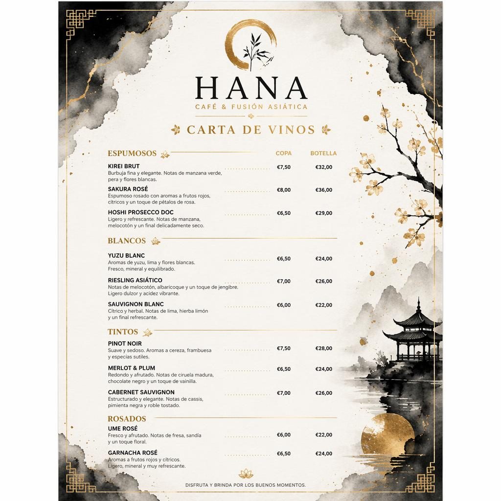 Tarjeta de menú A4 vertical de lista de vinos, estilo acuarela acogedor en negro y dorado, con encabezado decorativo y precios.