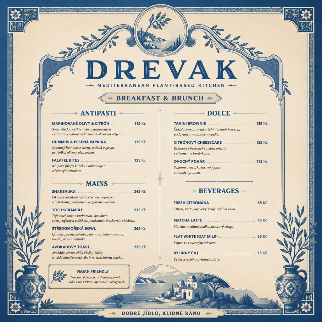 Tisková karta menu A4 na výšku pro drevak menu, vintage styl 20. let v modro-krémové paletě s dekorativní hlavičkou.