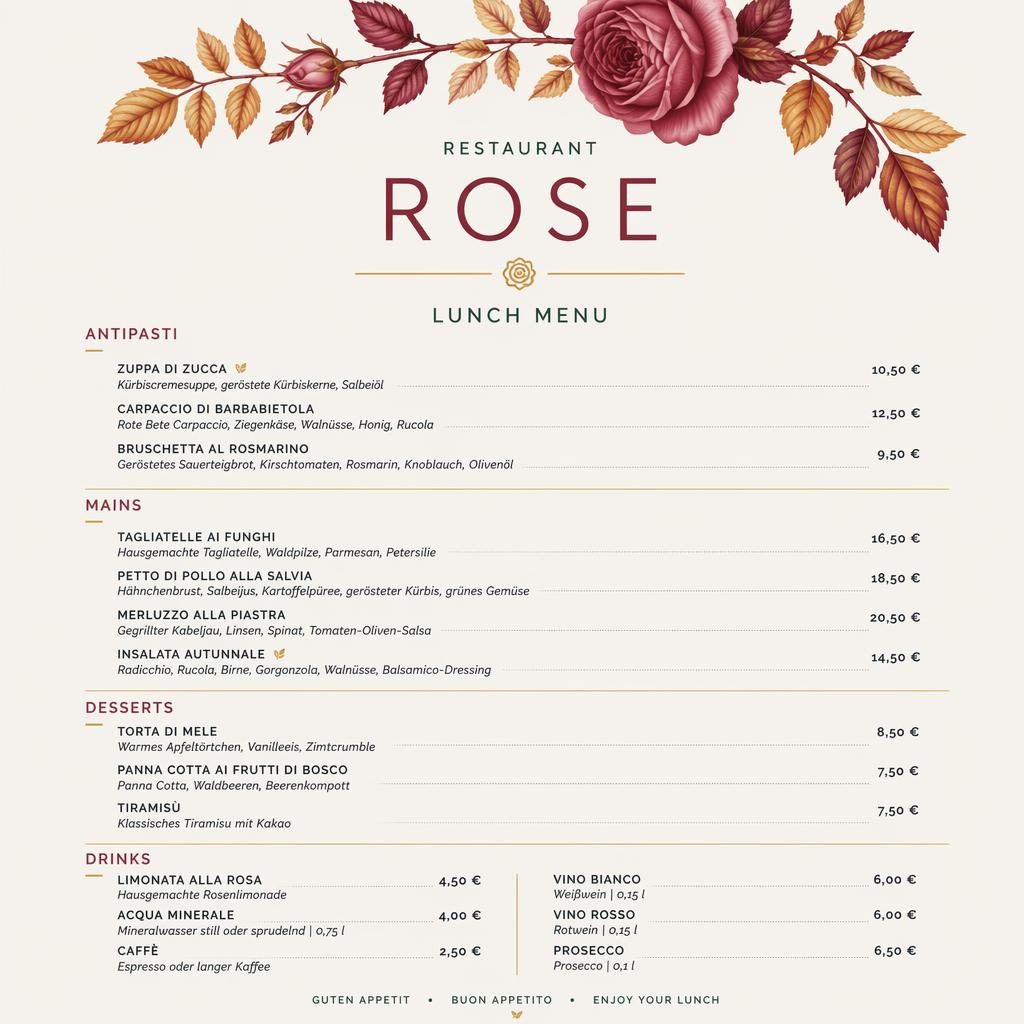 Minimalistische A4-Menükarte für Restaurant Rose im Swiss-Stil mit Herbstfarben, Rubriken, Platzhaltertext und Preisspalte.