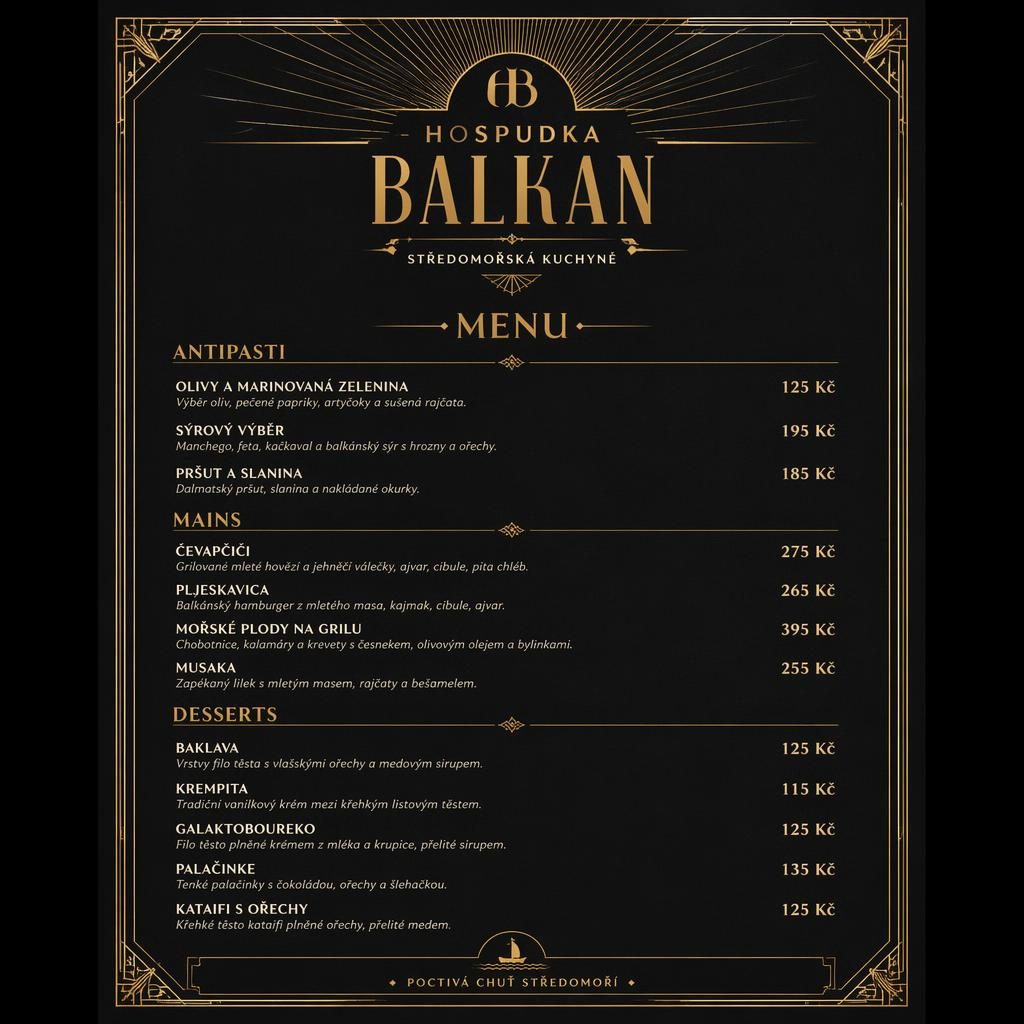 Dezertní menu karta A4 na výšku pro hospudka balkan v černo-zlatém art deco stylu s dekorativní hlavičkou a cenami.