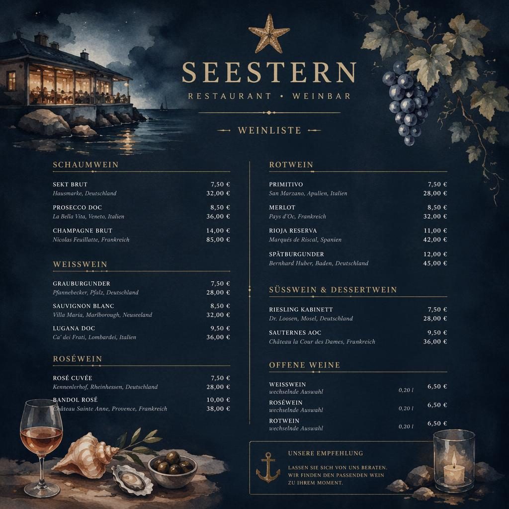A4-Menükarte für Restaurant Seestern als Weinkarte im dunklen Aquarellstil mit dekorativem Kopf, Rubriken und Preisspalte