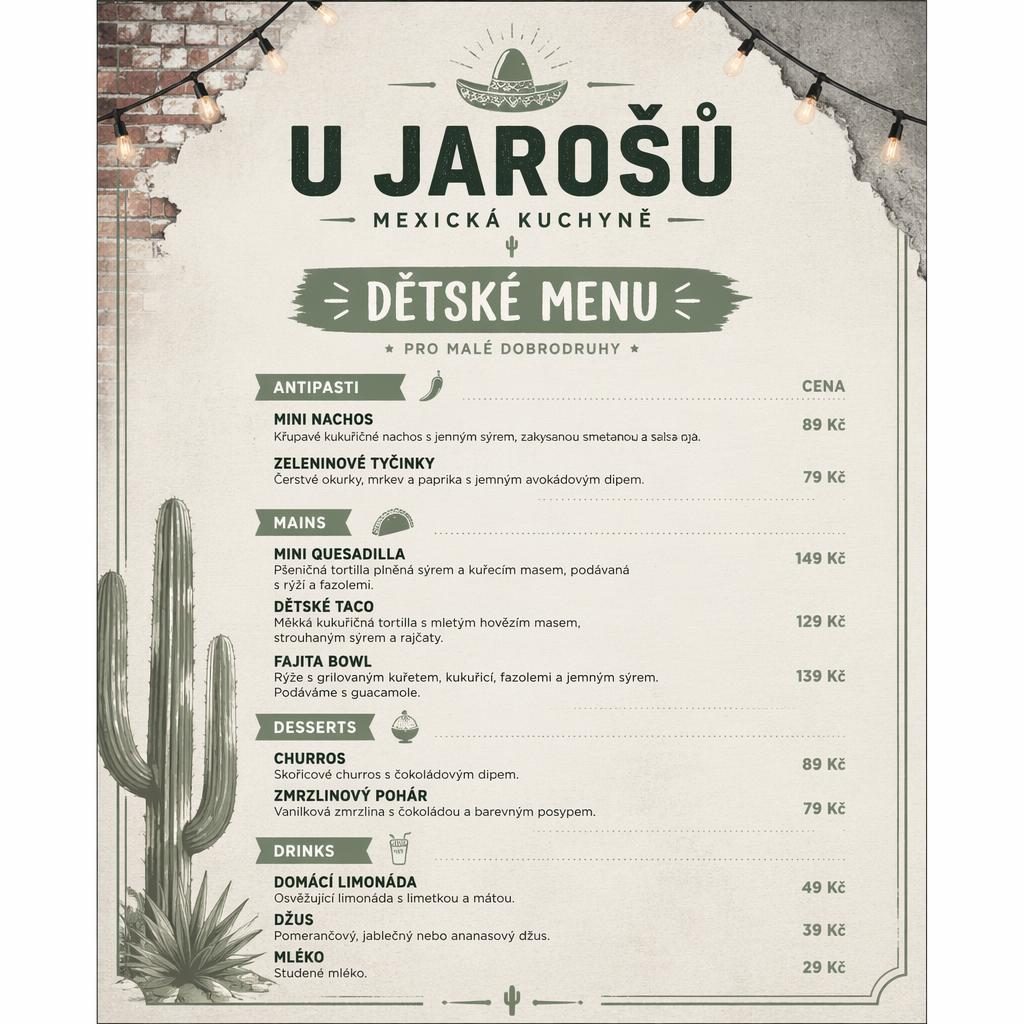 A4 dětské mexické menu s dekorativní hlavičkou, sekcemi jídel, popisy, cenami a paletou šalvějová a slonová kost