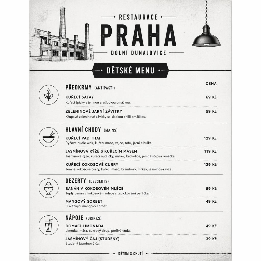 A4 jídelní lístek pro děti v thai stylu, industriální loft, černobílá paleta, sekce, ceny a dekorativní záhlaví.