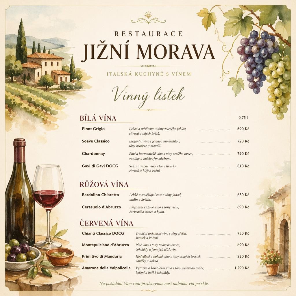 A4 vinný lístek pro restaurace jižní morava v akvarelovém stylu, teplé zemité tóny, dekorativní záhlaví a ceny