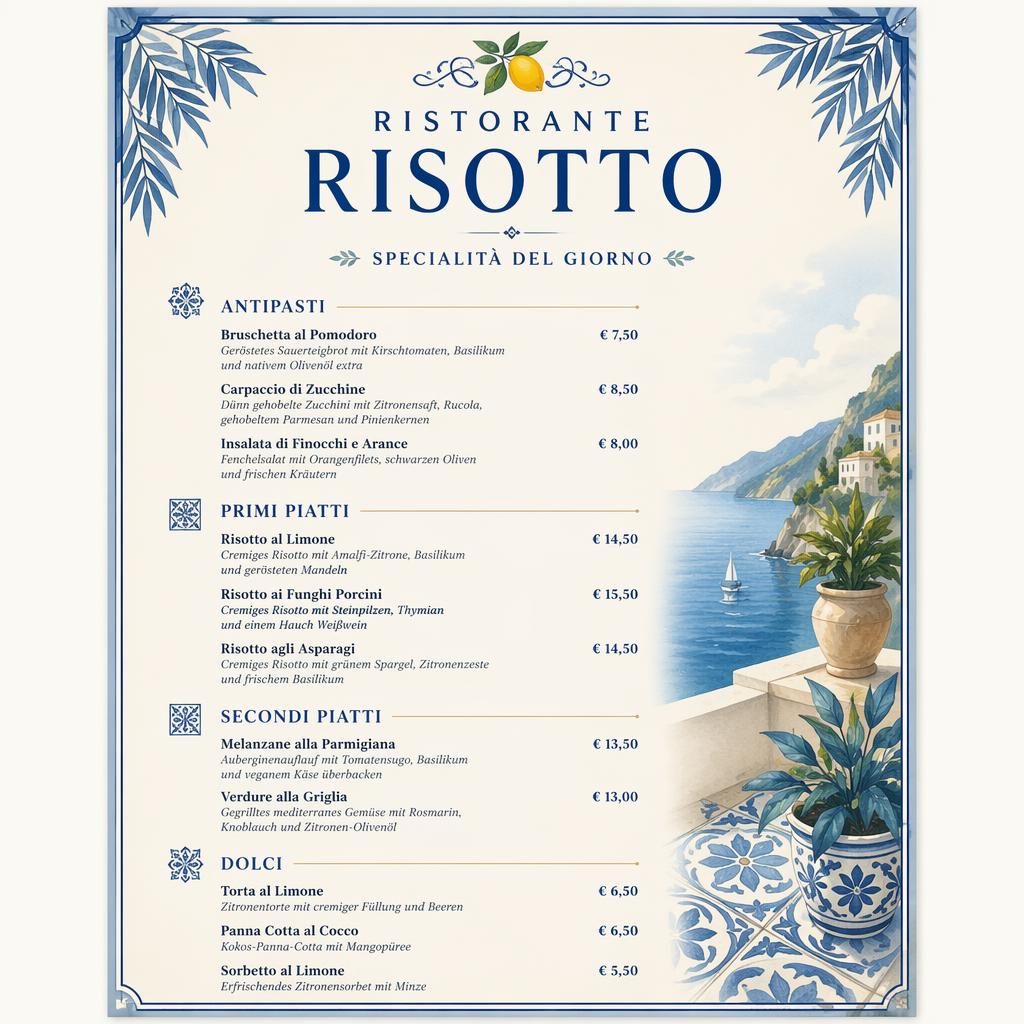 A4-Menükarte im Hochformat für ristorante risotto in mediterranischem Blau und Creme mit Rubriken, Gerichten und Preisen.