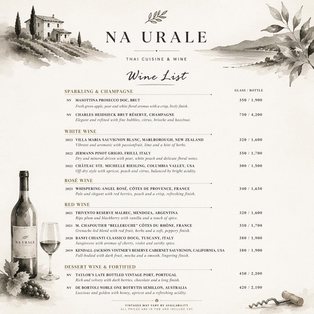 A4 vinný lístek na urale menu v akvarelovém minimalistickém monochromu s dekorativní hlavičkou a cenami