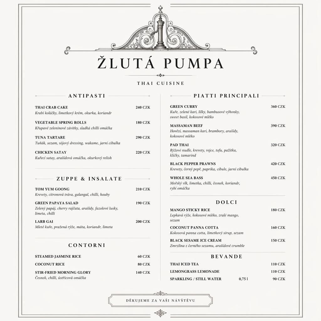 A4 jídelní lístek pro žlutá pumpa menu v luxusním monochromatickém stylu s hlavičkou, sekcemi a cenami.